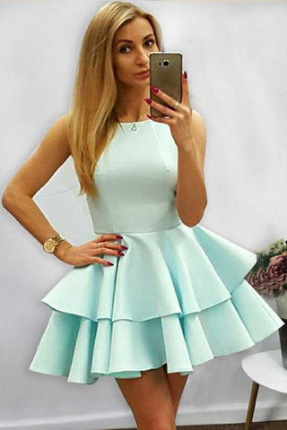 A-Line Halter Short Sleeveless Mint Satin Homecoming Dress with Ruffles