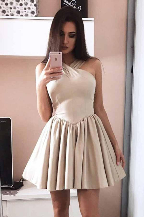 Vestido de fiesta corto de satén sin mangas con cuello halter y corte A para regreso a casa