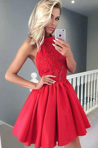 A-line Halter Sleeveless Short Red Satin Homecoming Dress with Lace