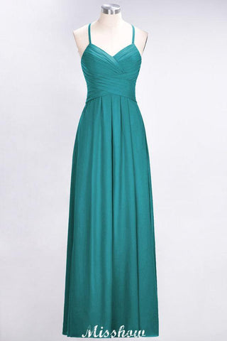 A-Line Halter V-Neck Sleeveless Bridesmaid Dress Ruffles Evening Swing Dress