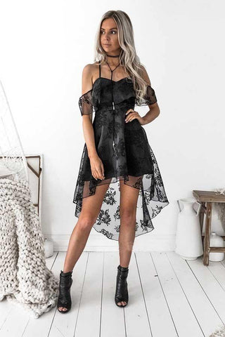 A-line High Low Black Lace Mini Homecoming Dresses Party Dresses