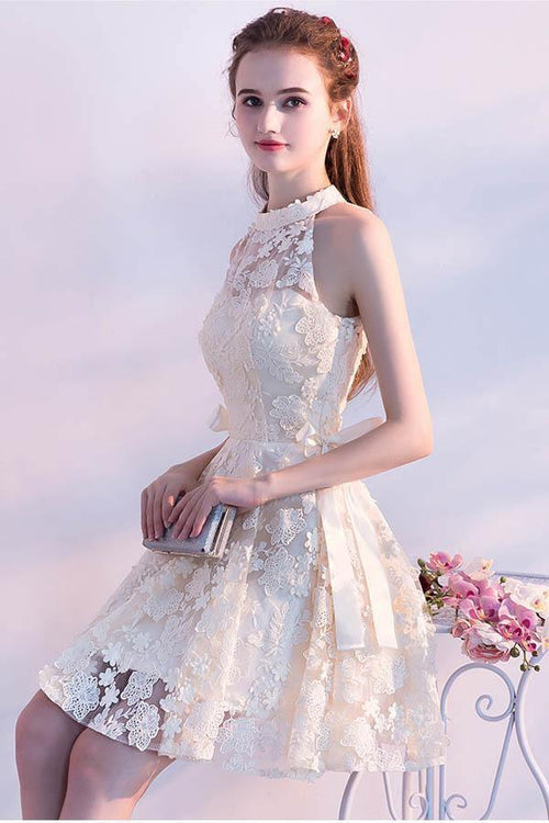 Vestidos de fiesta sin mangas de encaje con cuello alto y corte A para el regreso a casa