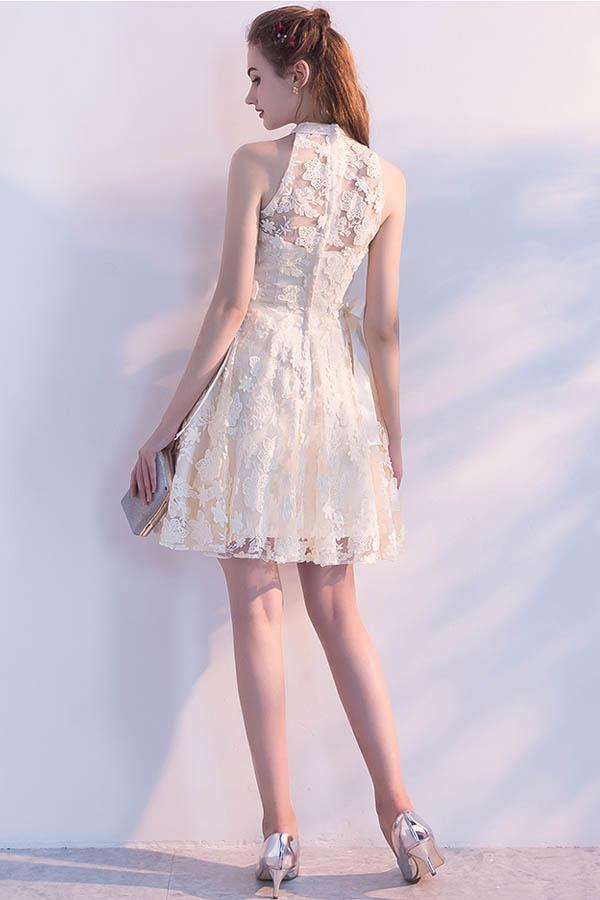 A-line High Neck Lace Sleeveless Party Dresses Homecoming Dresses