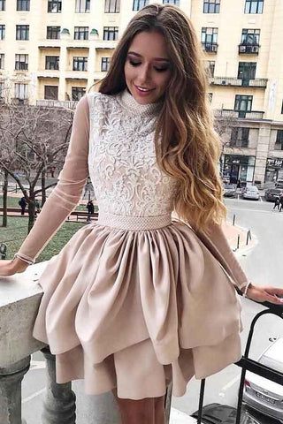A-Line High Neck Long sleeves Homecoming Dress with Appliques Sleeves