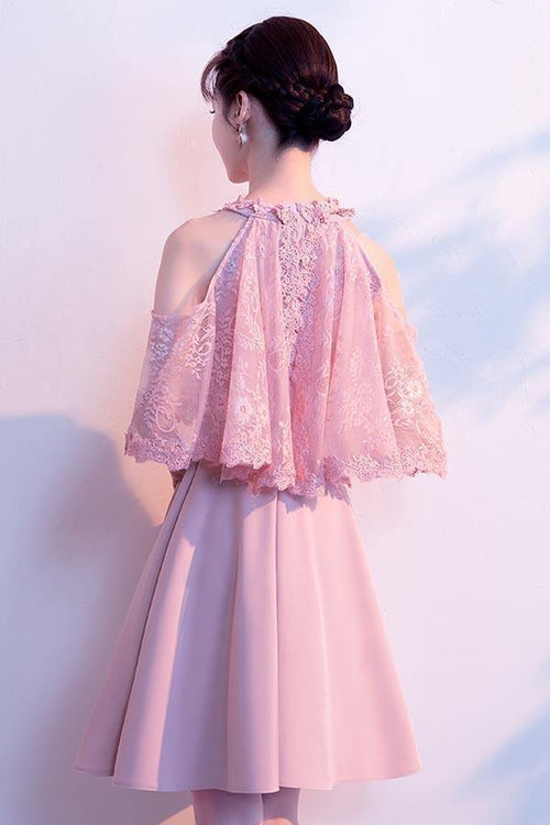 Vestidos de fiesta de satén rosa con cuello alto y corte en A