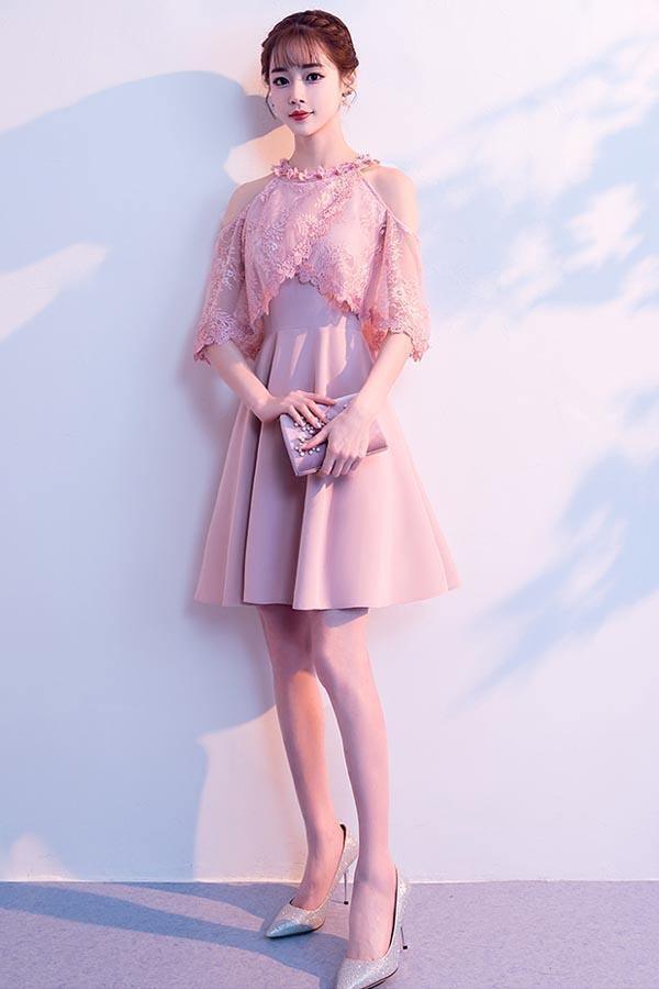 Vestidos de fiesta de satén rosa con cuello alto y corte en A