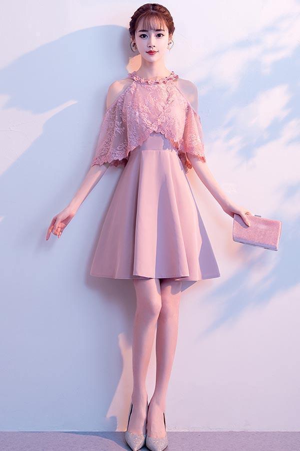 Vestidos de fiesta de satén rosa con cuello alto y corte en A