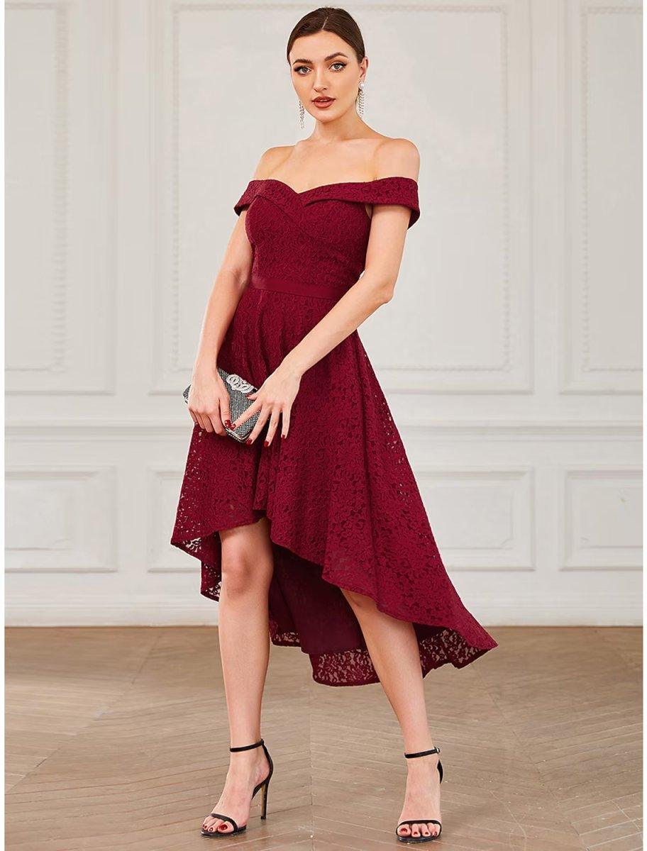 NumberSea - A - Line Homecoming Dresses Vintage Dress Homecoming Asymmetrical Sleeveless Off Shoulder Lace with Pleats Pure Color