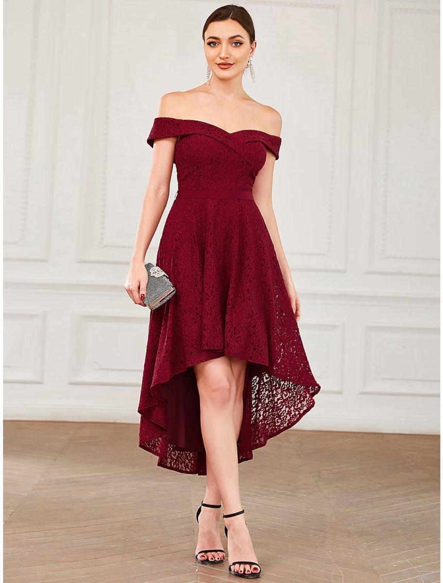 NumberSea - A - Line Homecoming Dresses Vintage Dress Homecoming Asymmetrical Sleeveless Off Shoulder Lace with Pleats Pure Color