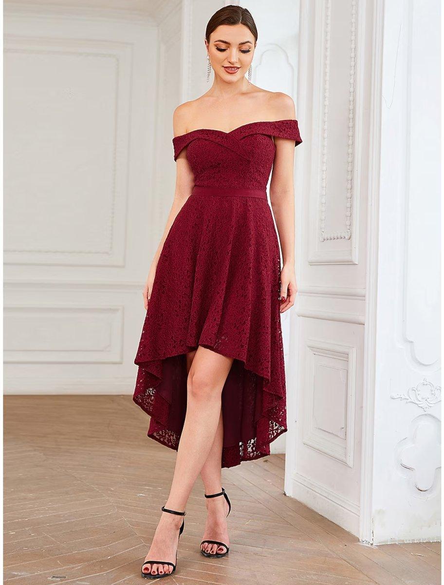 NumberSea - A - Line Homecoming Dresses Vintage Dress Homecoming Asymmetrical Sleeveless Off Shoulder Lace with Pleats Pure Color
