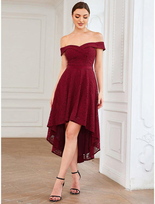 NumberSea - A - Line Homecoming Dresses Vintage Dress Homecoming Asymmetrical Sleeveless Off Shoulder Lace with Pleats Pure Color