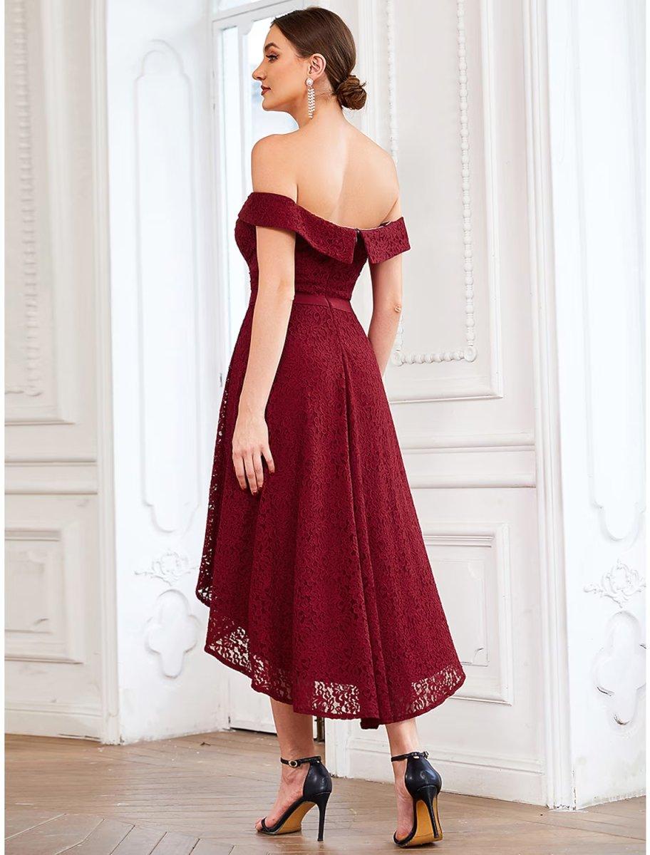 NumberSea - A - Line Homecoming Dresses Vintage Dress Homecoming Asymmetrical Sleeveless Off Shoulder Lace with Pleats Pure Color