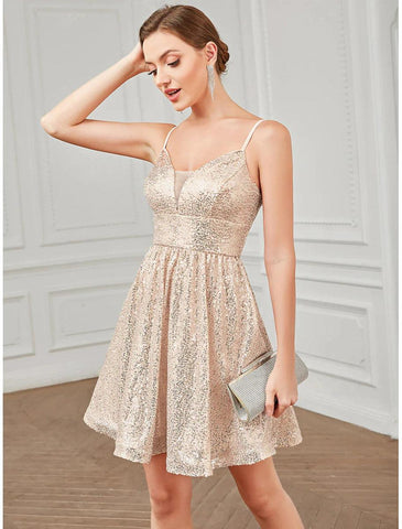 NumberSea - A - Line Homecoming Dresses Vintage Dress Homecoming Party Wear Short / Mini Sleeveless V Neck Pink Dress Sequined with Glitter Sequin