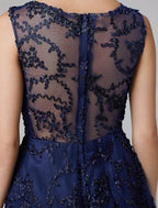 NumberSea - A - Line Hot Dress Wedding Guest Cocktail Party Asymmetrical Sleeveless Illusion Neck Tulle with Appliques