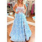 NumberSea - A - line Illusion Appliques Tiered with Side Slit Tulle Prom Dress