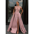 NumberSea - A - line Illusion Jewel Neckline High Split Long Prom Dress with Pockets