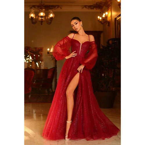 NumberSea - A Line Illusion V Neck Long Sleeves Sparkly Prom Formal Dress with Slit