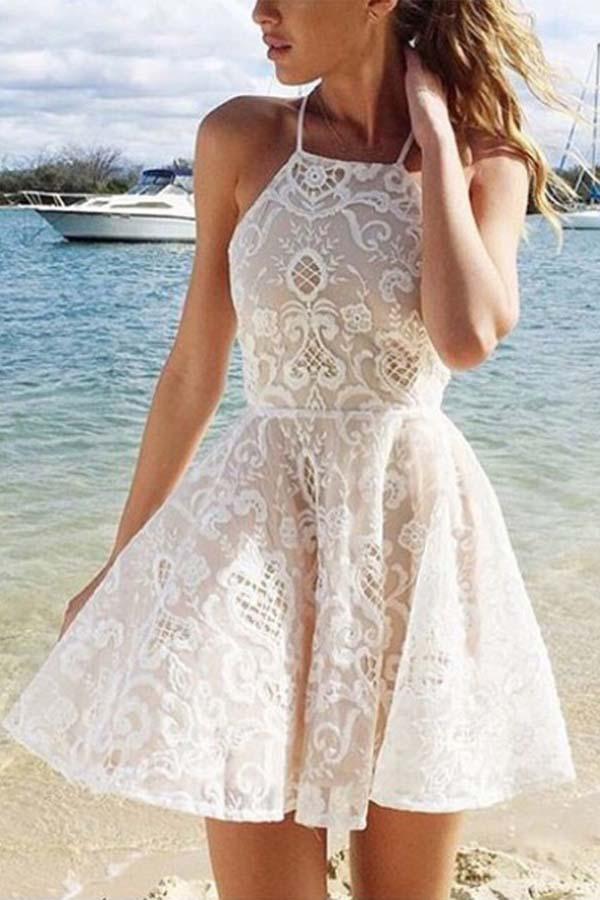 A-line Ivory Criss-Cross Straps Lace Sleeveless Homecoming Dress