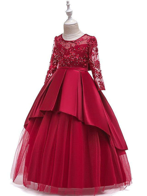 NumberSea - A - Line Jewel Neck Wedding Formal Evening Pageant Flower Girl Dresses With Sleeves