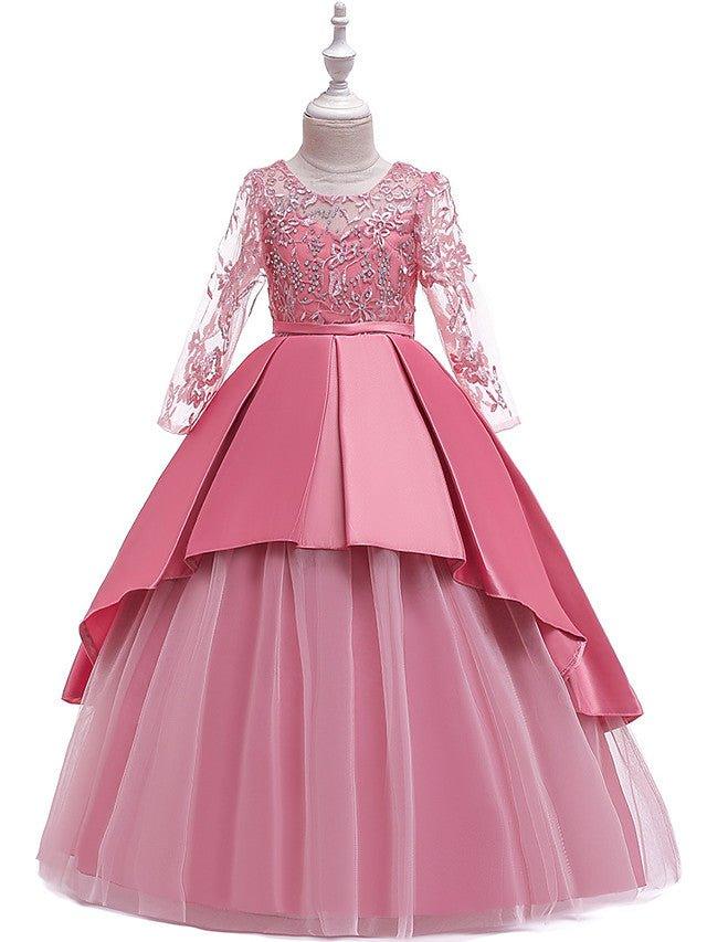 NumberSea - A - Line Jewel Neck Wedding Formal Evening Pageant Flower Girl Dresses With Sleeves