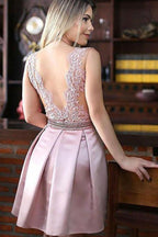 A-Line Jewel Pink Short Satin Homecoming Dress with Beading Appliques
