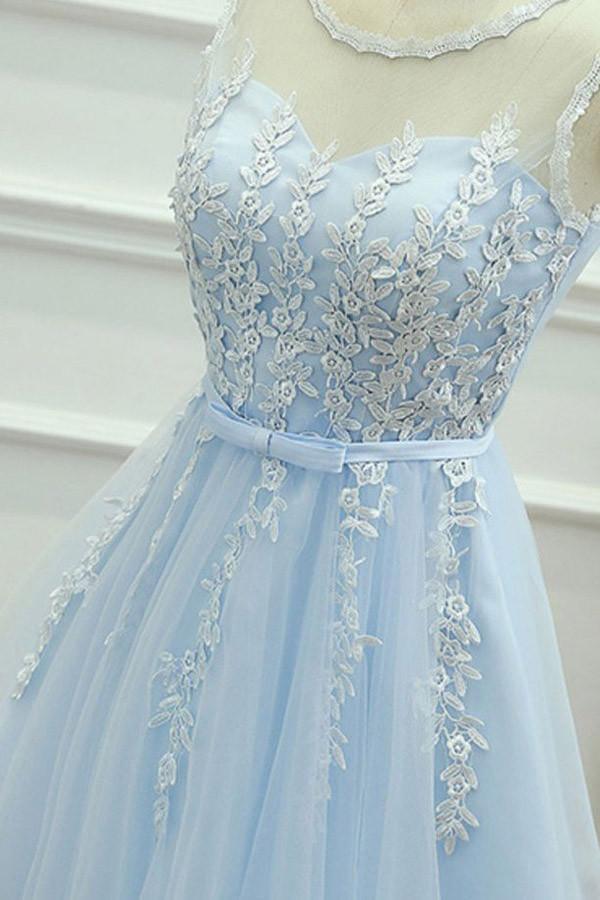 A-Line Jewel Short Blue Tulle Homecoming Dress with Sash Appliques