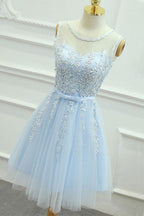 A-Line Jewel Short Blue Tulle Homecoming Dress with Sash Appliques