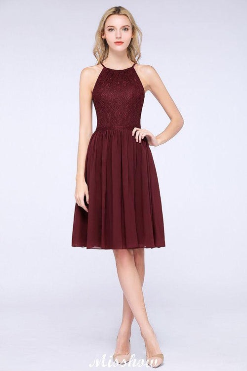 Vestido de dama de honor de gasa con encaje, sin mangas, corte A, joya, hasta la rodilla, con volantes