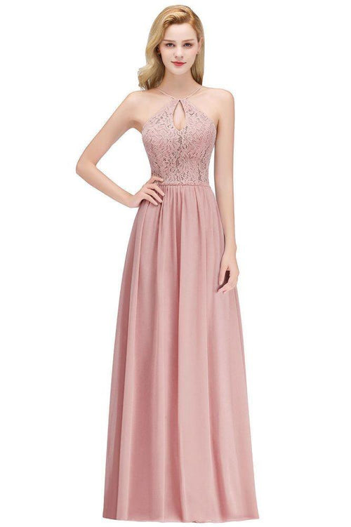 Vestido de dama de honor largo con escote tipo A, escote tipo cerradura y parte superior de encaje con tirantes finos