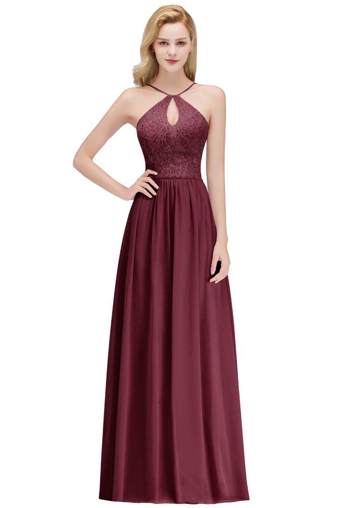 A-Linien-Brautjungfernkleid mit Schlüsselloch-Ausschnitt und Spitzenoberteil und langem Spaghettiträger