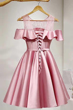 A-Line Knee-Length Cold Shoulder Pink Satin Homecoming Dress With Lace
