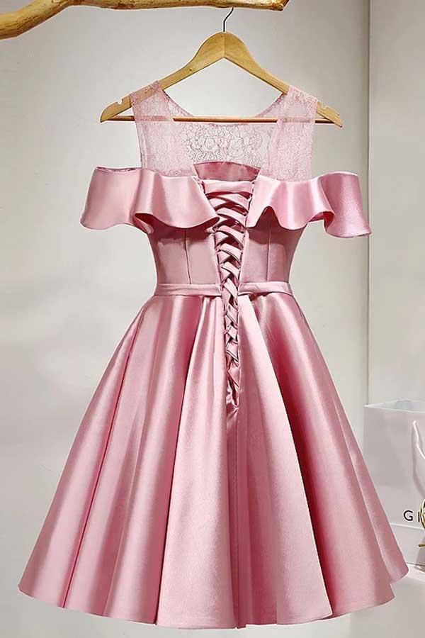 A-Line Knee-Length Cold Shoulder Pink Satin Homecoming Dress With Lace