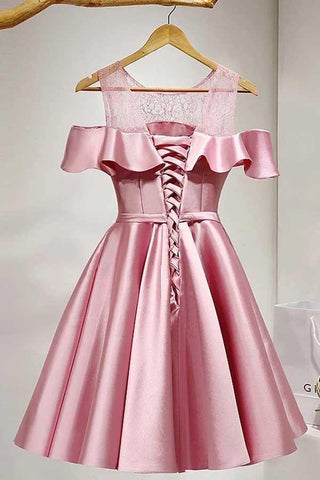 A-Line Knee-Length Cold Shoulder Pink Satin Homecoming Dress With Lace