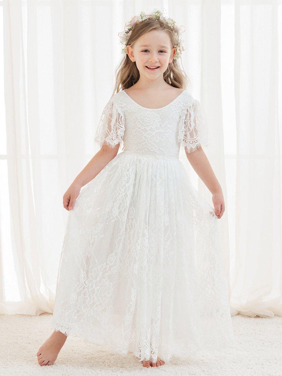 A-line Lace Ankle-length Ivory Boho Flower Girl Dress White / 12-14y