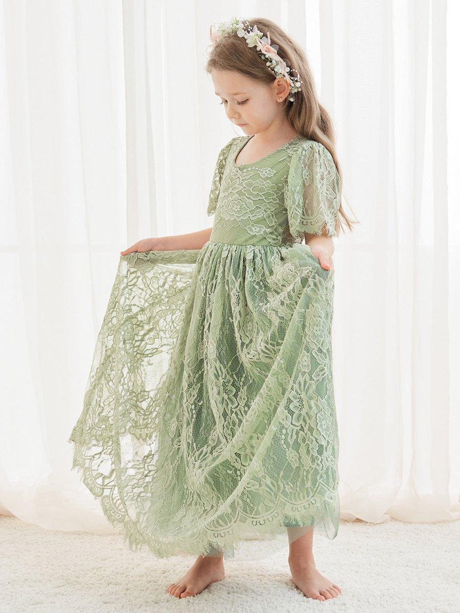 NumberSea - A - line Lace Ankle - length Ivory Boho Flower Girl Dress