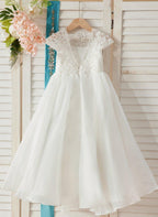NumberSea - A - line Lace Organza Ankle - length Ivory Flower Girl Dress