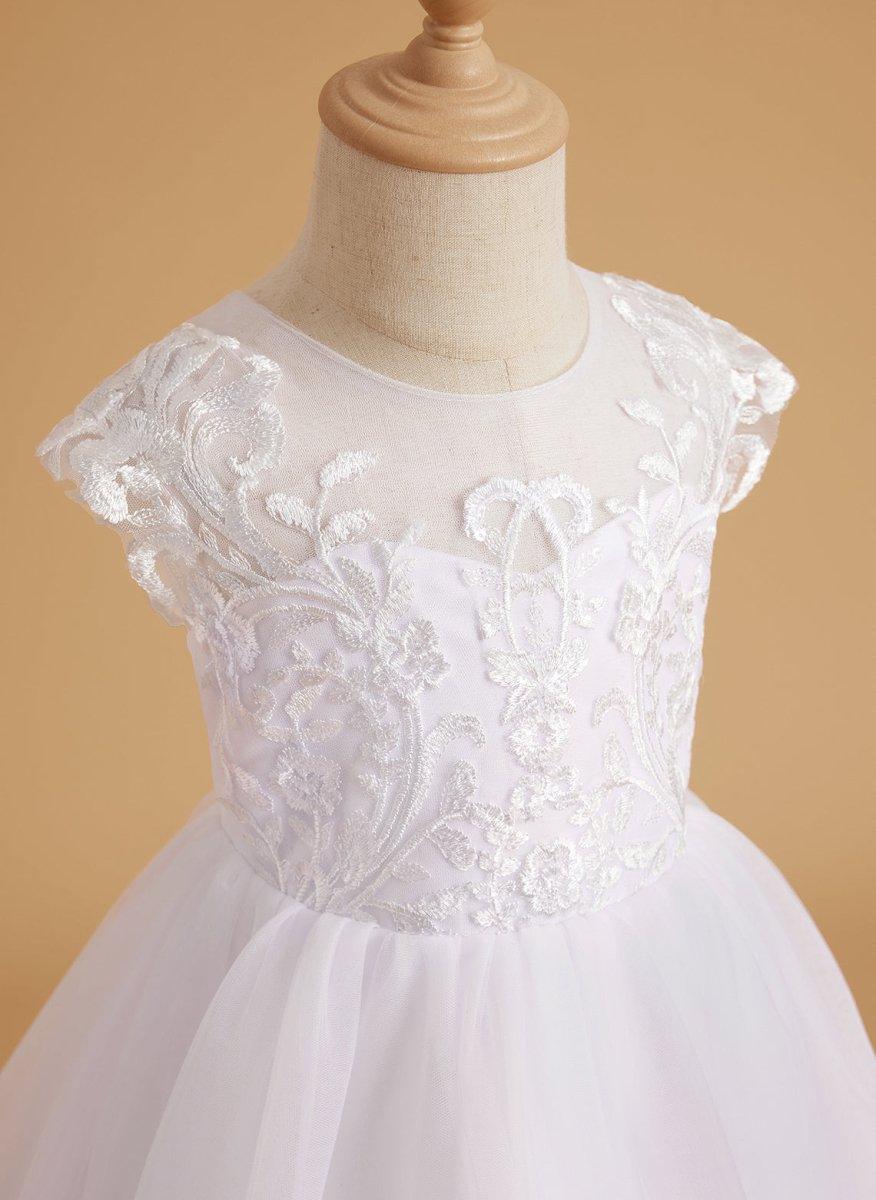 NumberSea - A - line Lace Tulle Sweep Train Pink Flower Girl Dress