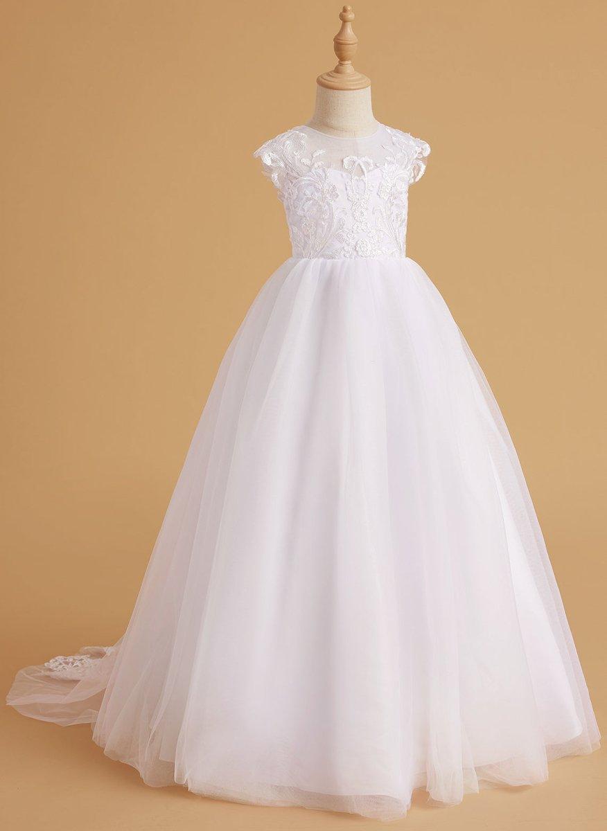 NumberSea - A - line Lace Tulle Sweep Train Pink Flower Girl Dress
