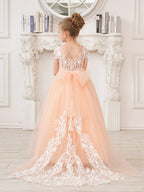 NumberSea - A - line Lace Tulle Sweep Train Pink Flower Girl Dress