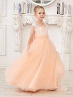 NumberSea - A - line Lace Tulle Sweep Train Pink Flower Girl Dress