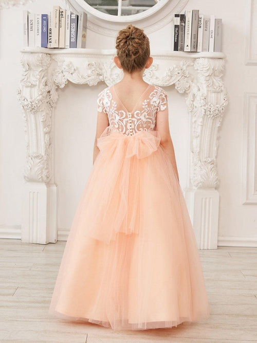 NumberSea - A - line Lace Tulle Sweep Train Pink Flower Girl Dress