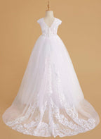 NumberSea - A - line Lace Tulle Sweep Train Pink Flower Girl Dress
