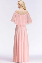 A-line Long Off-the-shoulder Pink Bridesmaid Dresses with Sleeves
