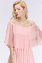 A-line Long Off-the-shoulder Pink Bridesmaid Dresses with Sleeves