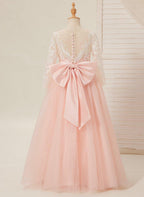 NumberSea - A - line Long Sleeves Lace Tulle Flower Girl Dresses Pink (2003227575)
