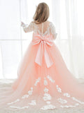 NumberSea - A - line Long Sleeves Lace Tulle Flower Girl Dresses Pink (2003227575)