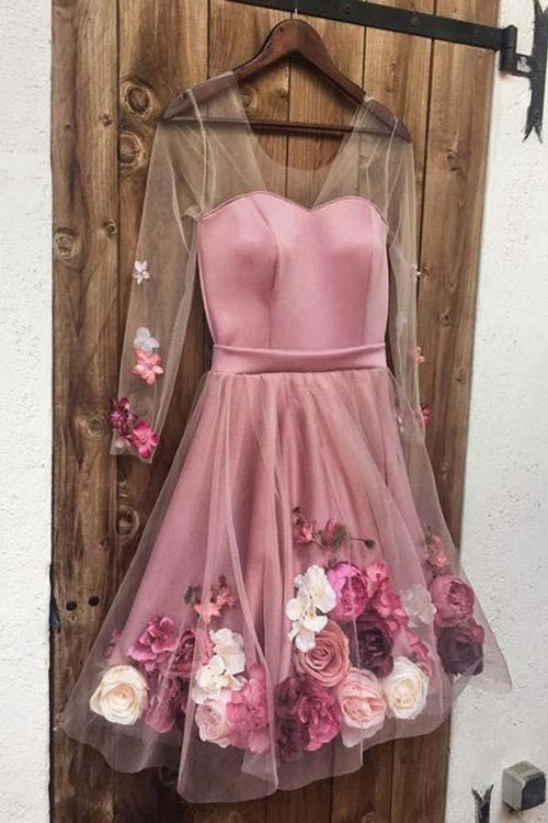A Line Long Sleeves Short White Floral Prom Dresses Homecoming Dresses