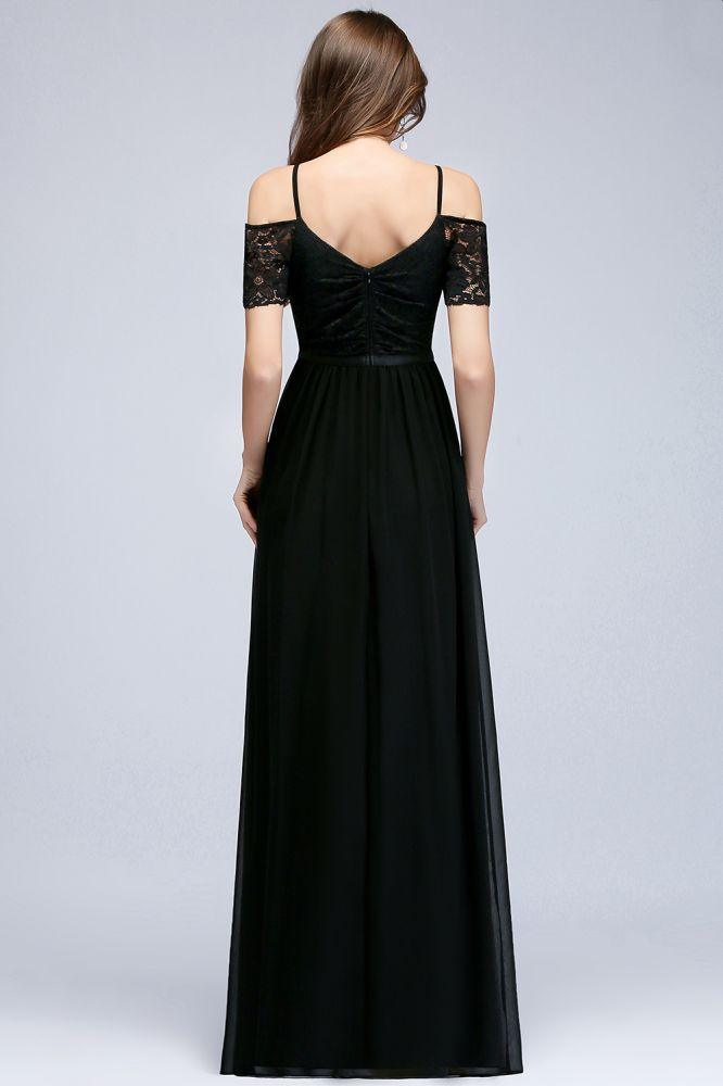 A-Linie Langes Spaghetti V-Ausschnitt Schwarzes Spitzenchiffon-Brautjungfernkleid