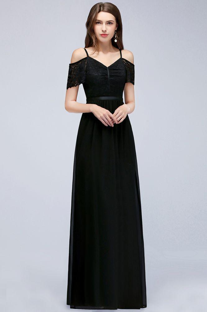 A-Linie Langes Spaghetti V-Ausschnitt Schwarzes Spitzenchiffon-Brautjungfernkleid
