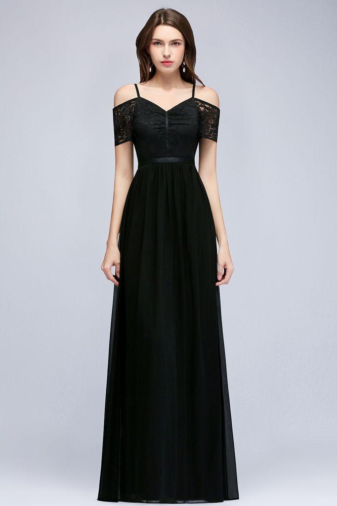 A-Linie Langes Spaghetti V-Ausschnitt Schwarzes Spitzenchiffon-Brautjungfernkleid
